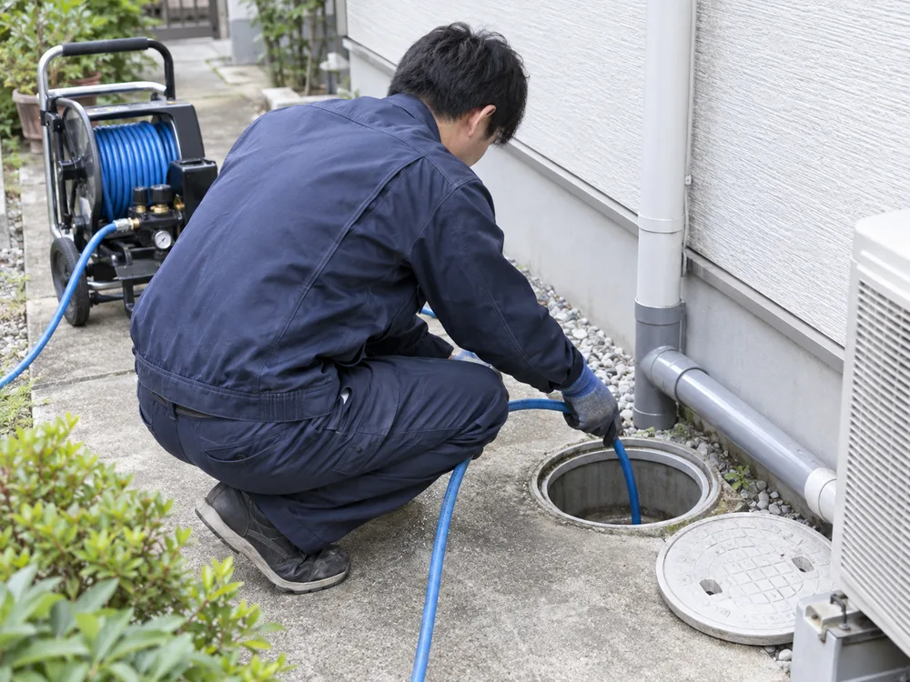 屋外排水管を高圧洗浄する水道技術者