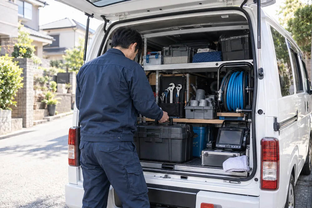 工具と高圧洗浄機を整理して積んだ作業車